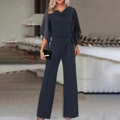 Dam Jumpsuit Rak Snitt Polyester Chiffon med Breda Ben och Asymmetriska Ärmar-2