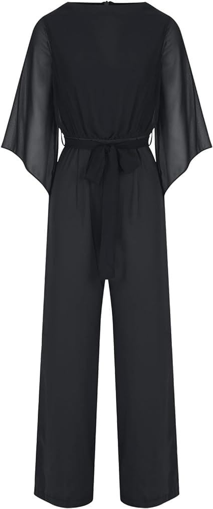 Dam Jumpsuit Rak Snitt Polyester Chiffon med Breda Ben och Asymmetriska Ärmar-5