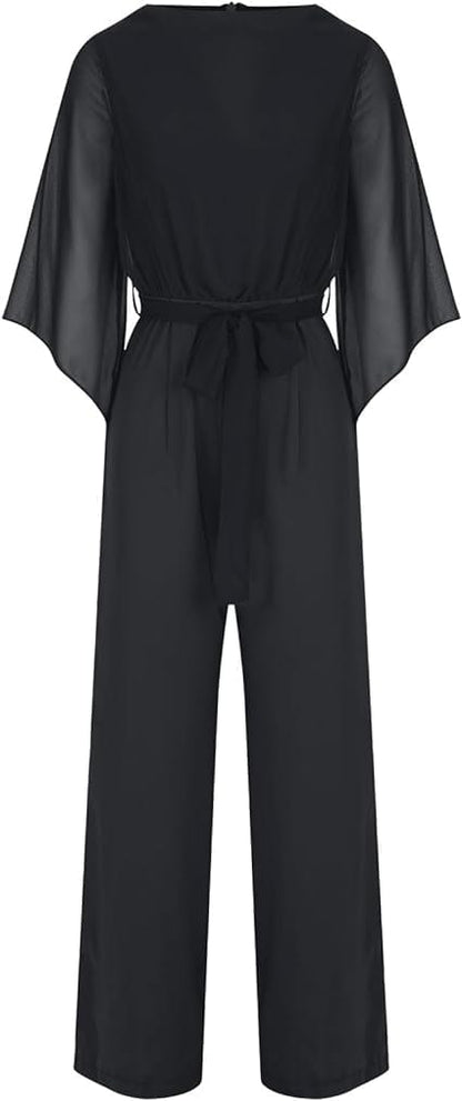 Dam Jumpsuit Rak Snitt Polyester Chiffon med Breda Ben och Asymmetriska Ärmar-5