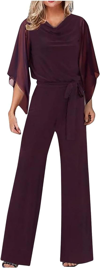 Dam Jumpsuit Rak Snitt Polyester Chiffon med Breda Ben och Asymmetriska Ärmar-6