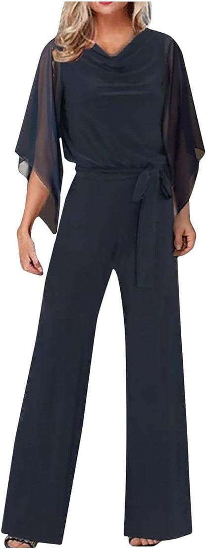Dam Jumpsuit Rak Snitt Polyester Chiffon med Breda Ben och Asymmetriska Ärmar-1