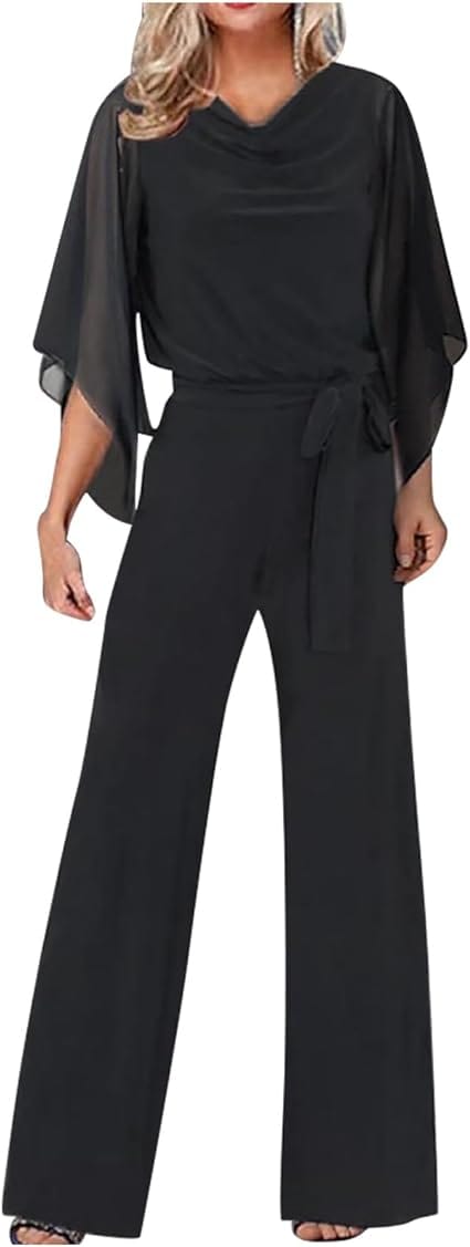 Variant image for Dam Jumpsuit Rak Snitt Polyester Chiffon med Breda Ben och Asymmetriska Ärmar-13
