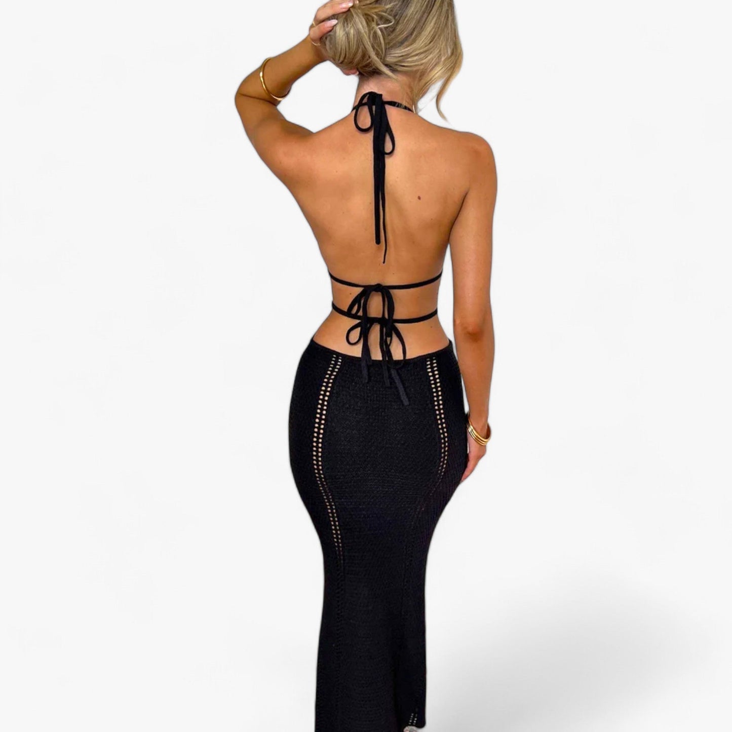 Dam Långklänning Virkad Öppen Rygg 100% Bomull-2