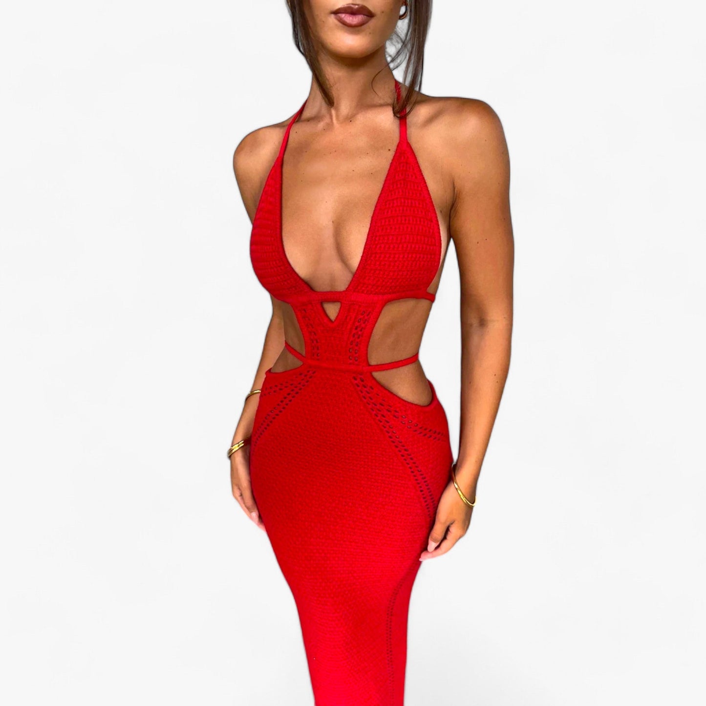 Dam Långklänning Virkad Öppen Rygg 100% Bomull-5