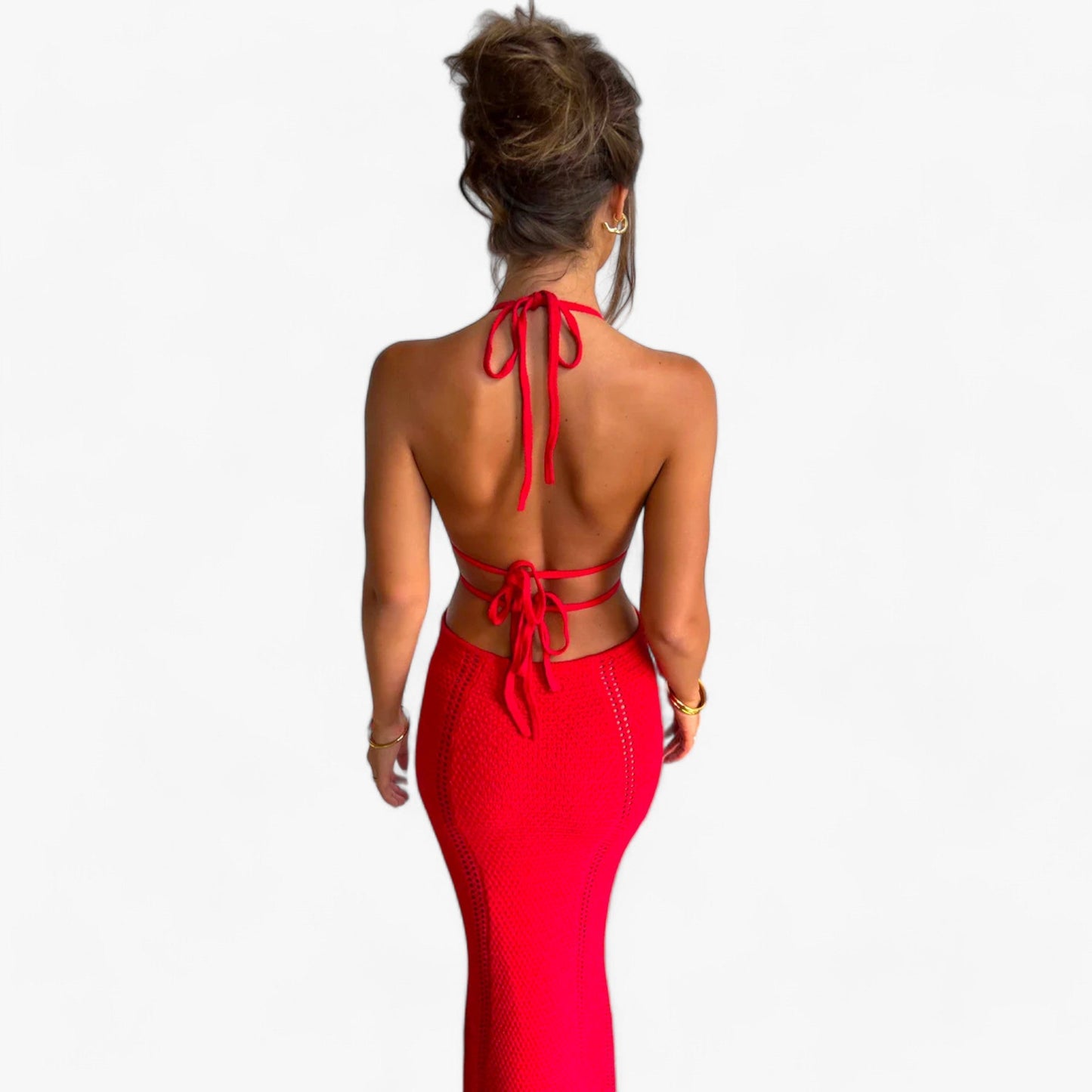 Dam Långklänning Virkad Öppen Rygg 100% Bomull-6