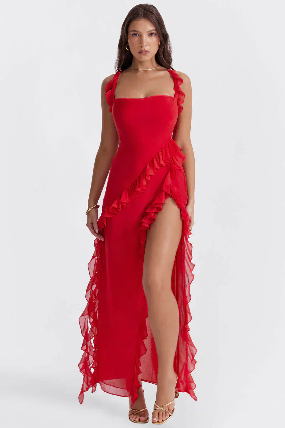Fina Dam Klänningar Ryggfri Design med Ruffles Polyester-3