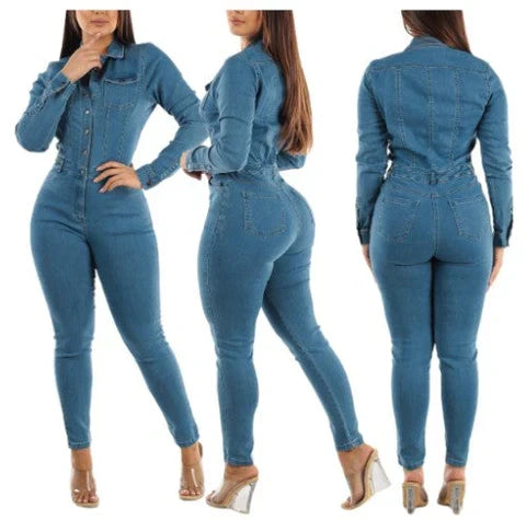 Dam Jumpsuit Avslappnad Mörkgrå Denim med Justerbara Remmar-2