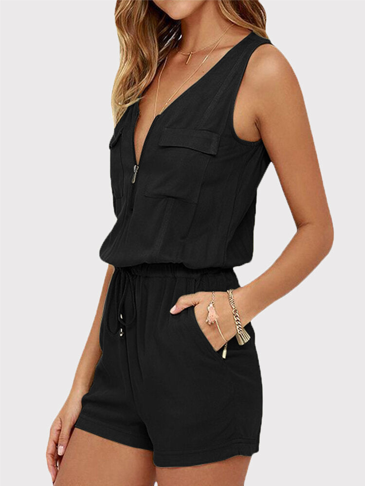 Kvinnors V-ringad Ärmlös Jumpsuit med Elastisk Midja – Chic och Bekväm för Varma Dagar, Finns i Flera Färger 4