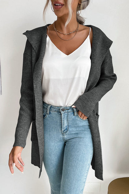 Dam Kofta med Huva Stickad Mjuk Höststil-5