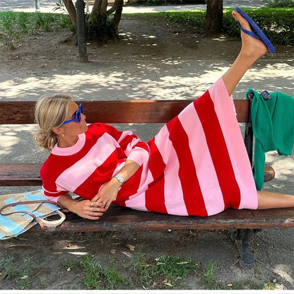 Dam Midiklänning Randig Stretchigt Material Elegant Passform-3