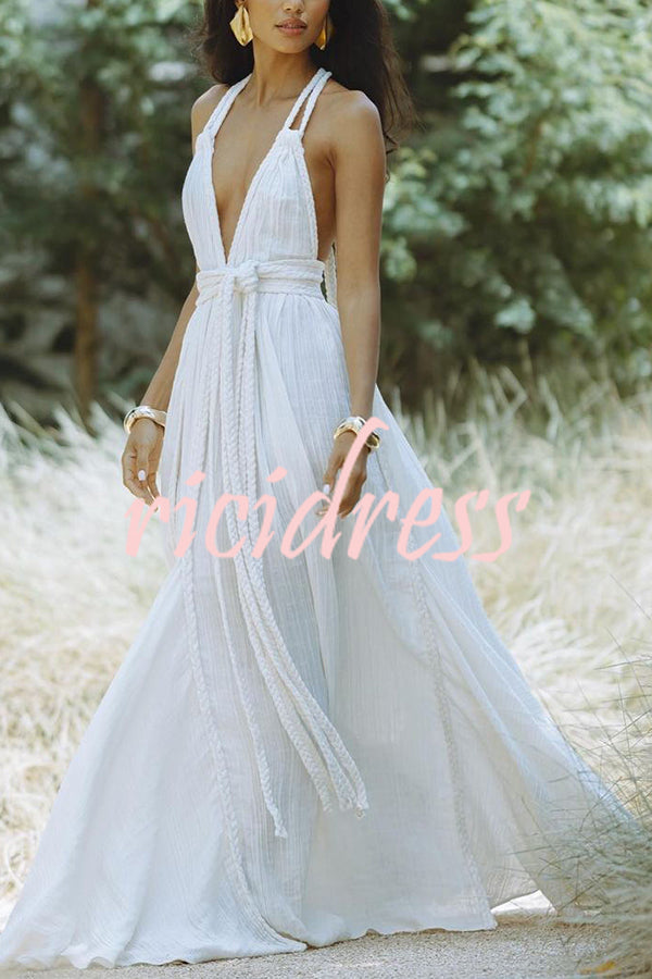 Maxiklänning Dam Djup V-hals Lätt Linneblandning Ankel-längd Sommar 4