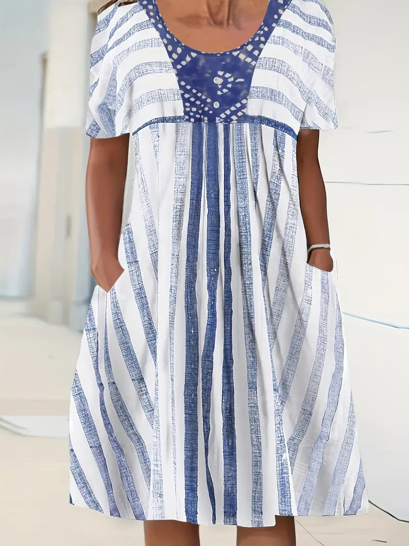 Kort Klänning Dam Randigt Mönster Lätt Polyester-2