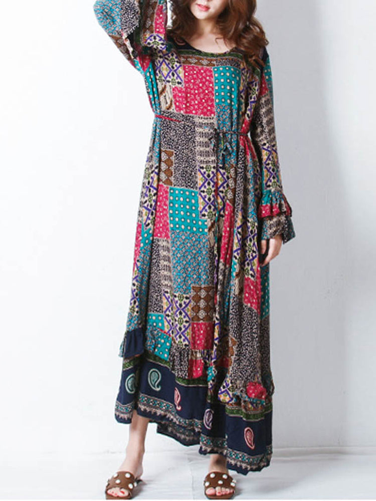 Maxiklänning Dam Boho Patchwork Design 100% Bomull Korta Ärmar 3