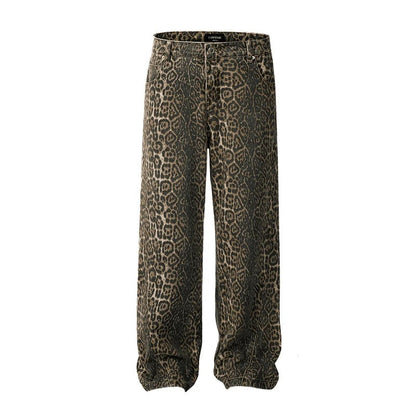 Kvinnors Vintage Jeans Rak Passform Mjuk Elastisk Denim Leopardmönster-1