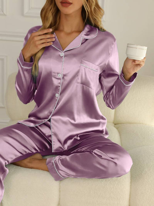 Kvinnors Pyjamasuppsättning med Vändkrage i Polyester och Elasthan – Klassisk Design, Maskintvättbar, Normal Passform 1