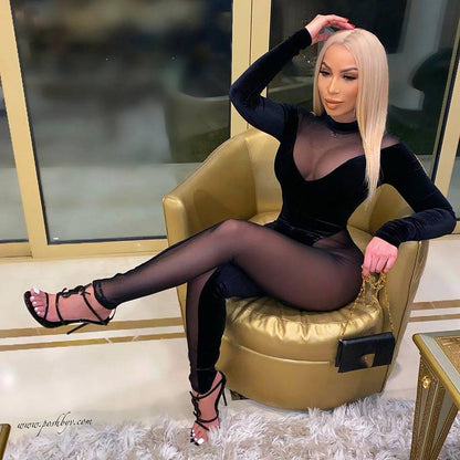 Dam Jumpsuit Långärmad Turtleneck Transparent Mesh Polyester Spandex-2