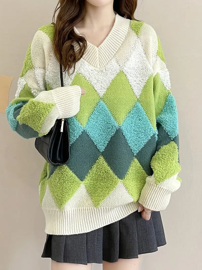 Stickad Dam Tröja V-ringning Diamantmönster Mjuk och Varm-6