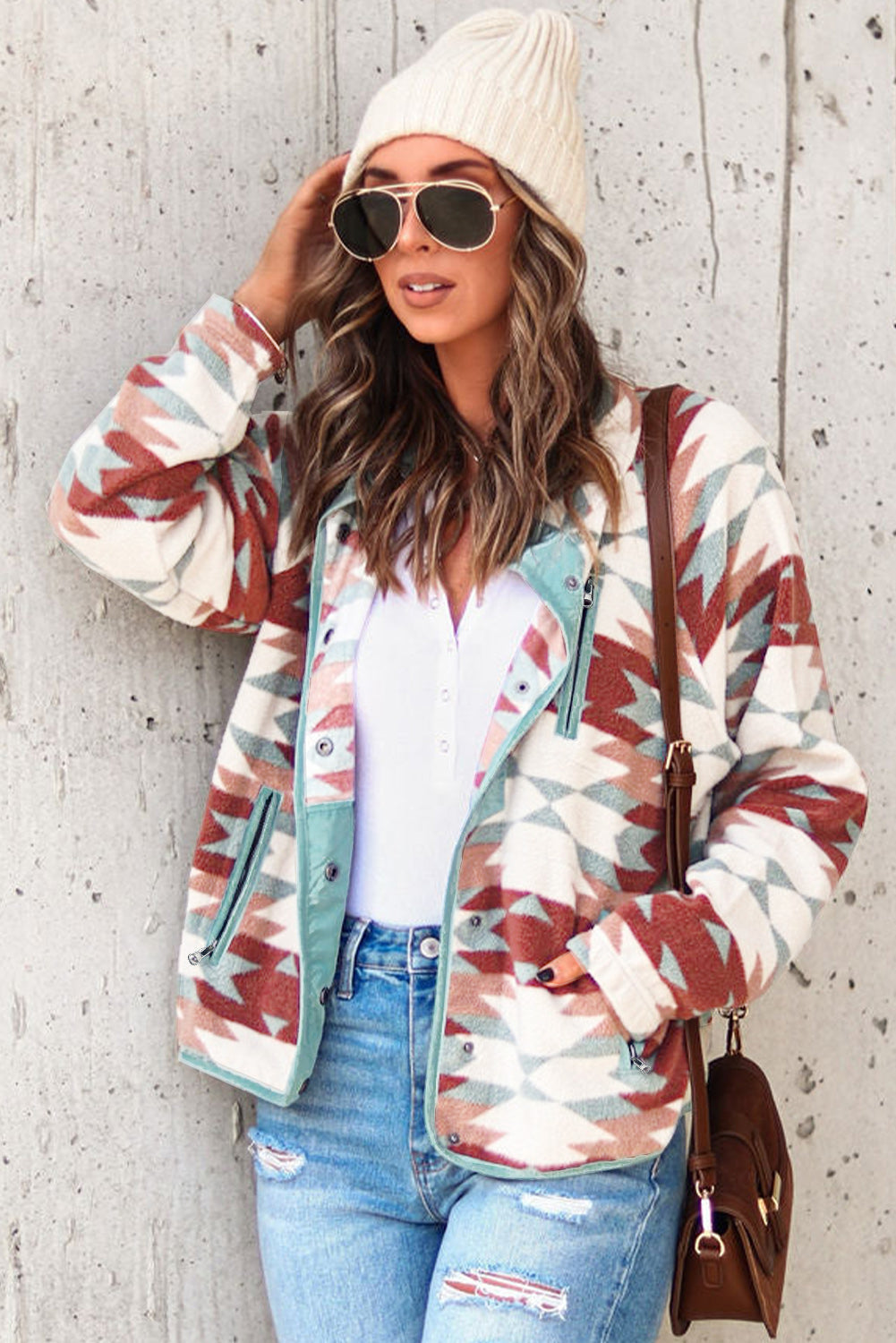 Dam Fleecejacka Aztec Mönster Mjuk Fleece Knappstängning-5