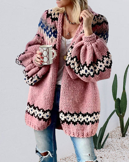 Kvinna Lång Kofta Cardigan med Lykta Ärmar Akryl Polyester 3