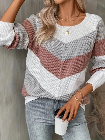 Dam Stickad Tröja Färgblock Cirkulär Halsringning Akryl 4