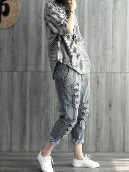 Kvinnors Blus Breda Ärmar Ramie 3