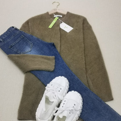 Dam Lång Kofta Cardigan i Kaffe Färg Högkvalitativt Material-5