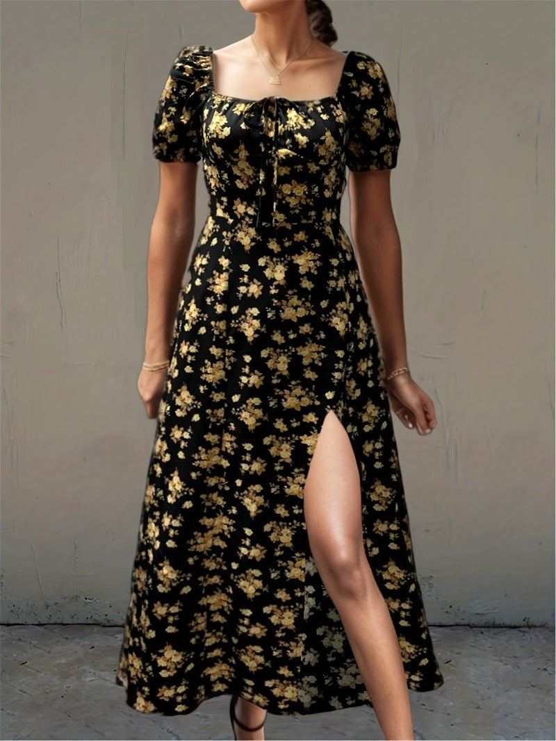 Dam Fritidsklänning Slits Korta Ärmar Andningsbart Tyg-3