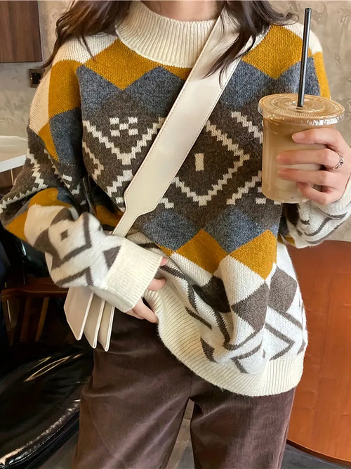 Kvinnors Tröja Rund Halsringning Geometriskt Mönster Mjuk Fiberblandning-1