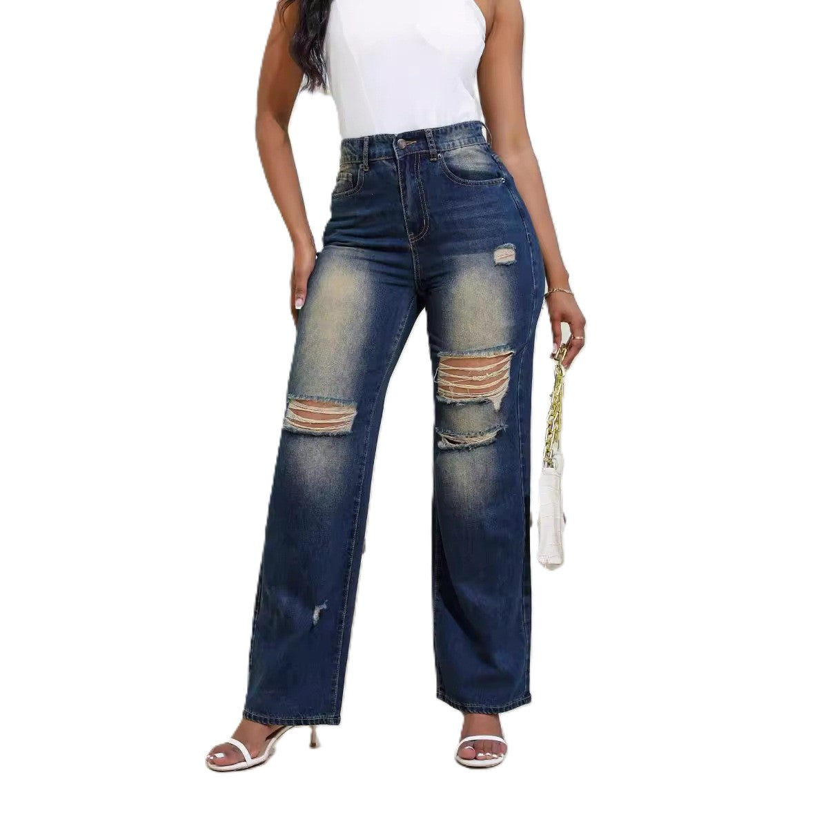 Variant image for Dam Jeans Hög Midja Avslappnad Bomull med Trendiga Hål-6