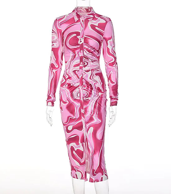 Damklänning Skjorta Abstrakt Mönster Polyester Långärmad-4