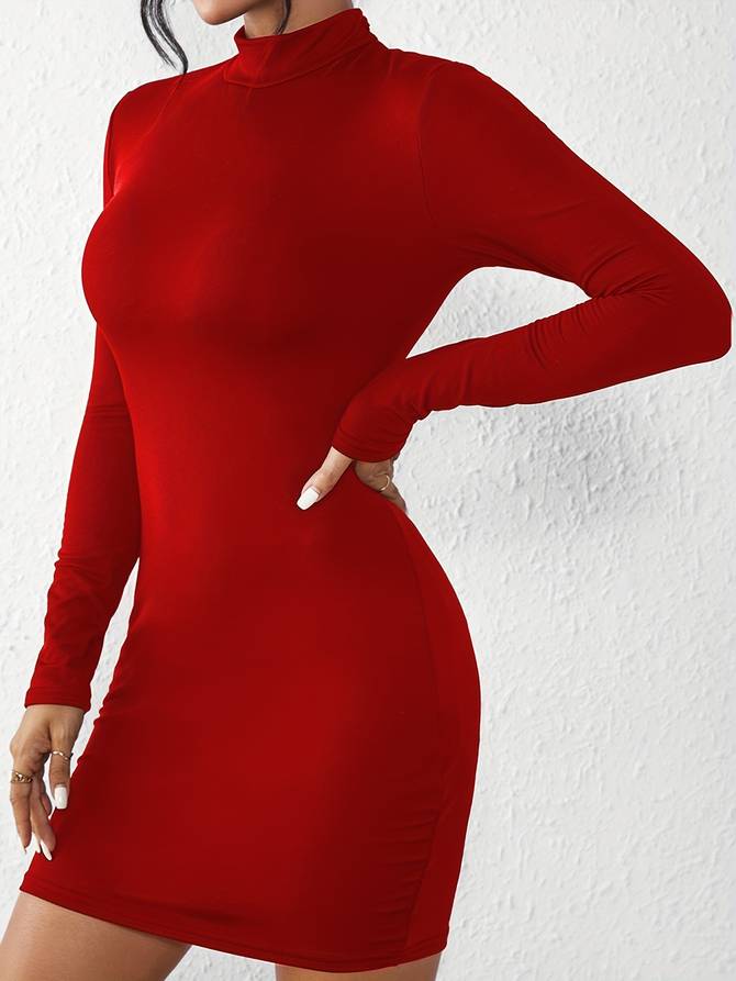Dam Klänning Bodycon Turtleneck Stretchig Polyester-3