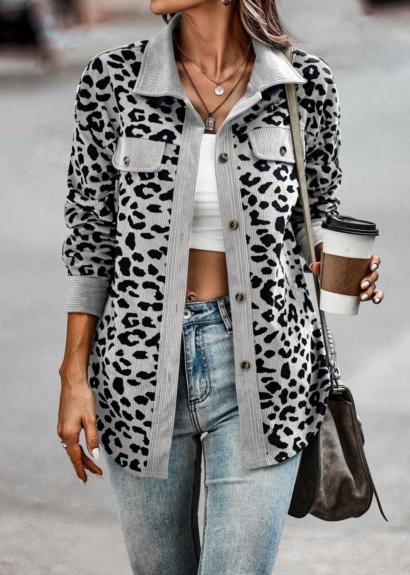 Variant image for Damjacka Skjortastil Leopardmönstrad Polyester-25