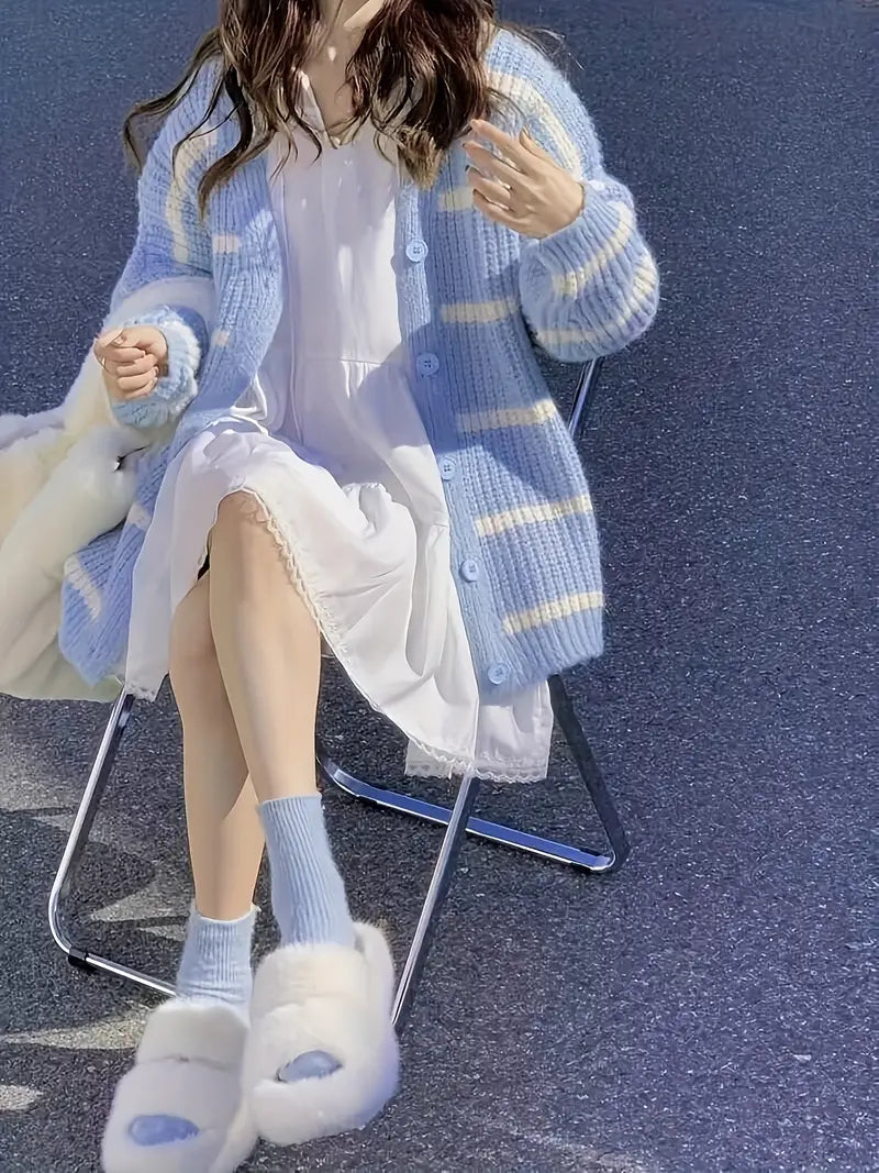 Kvinnors Stickad Kofta Randig Mjuk-4