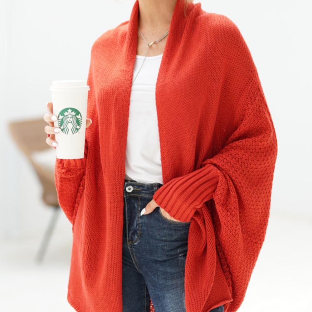 Kvinnor Lång Kofta Dolmanärmar Stickad Material-4