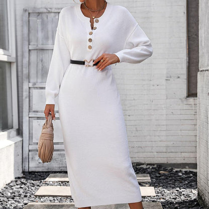 Variant image for Kvinnors Vinterklänning Långärmad Stickad med Knappdetaljer-5