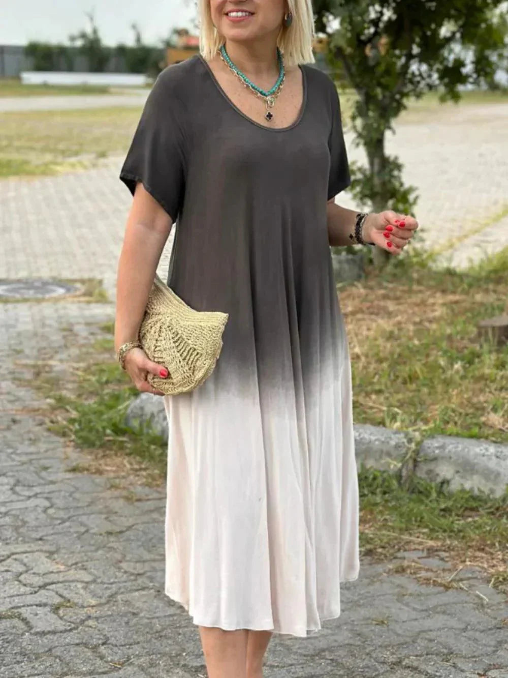 Variant image for Kvinnors Kortärmad Klänning Flödande Gradient Andningsbart Tyg-9