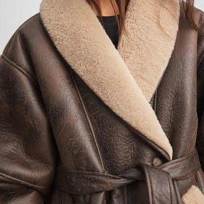 Damjacka Syntetiskt Läder Vintage Med Sherpa-Foder Och Justerbart Bälte-2