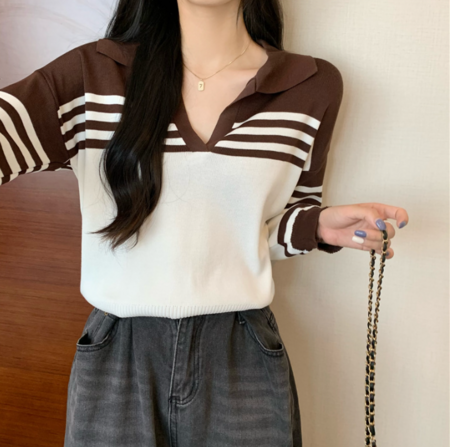 Kvinna Långärmad Tröja Randig Andningsbart Tyg med Krage-1