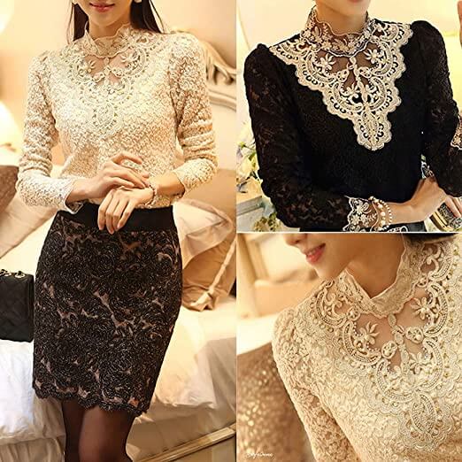 Dam Blus Broderad Långärmad Spets Casual Elegant-3
