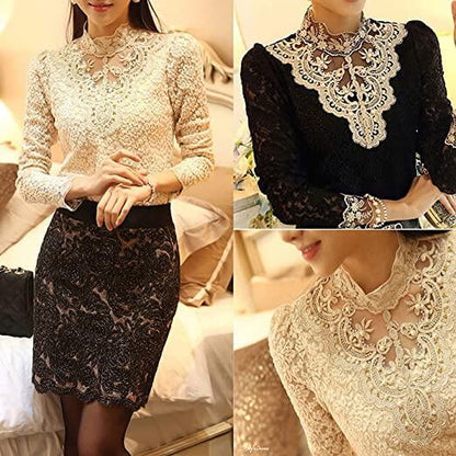 Dam Blus Broderad Långärmad Spets Casual Elegant-3