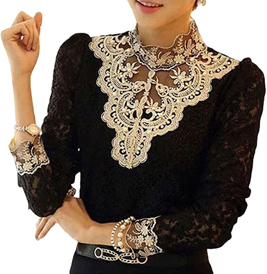Dam Blus Broderad Långärmad Spets Casual Elegant-1