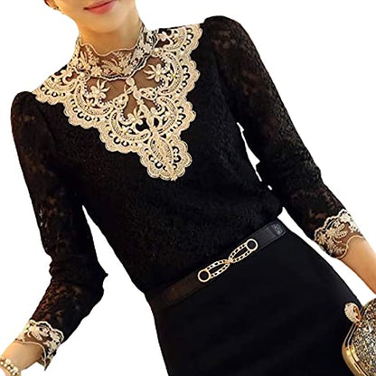 Dam Blus Broderad Långärmad Spets Casual Elegant-2