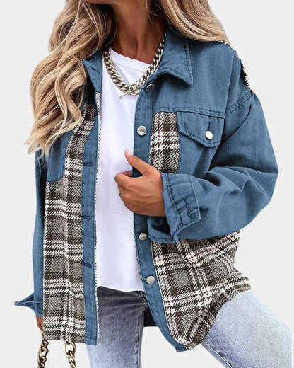 Damjacka Rutig Långärmad Denim Avslappnad Stil 2
