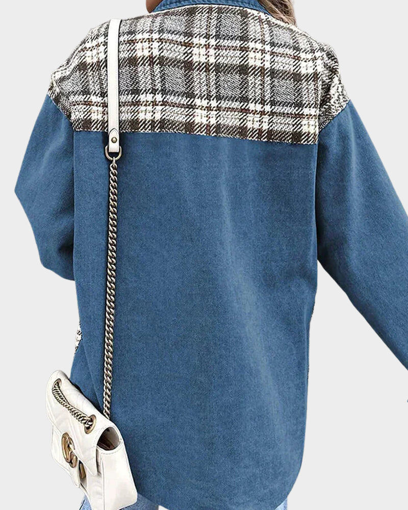 Dam Höstväst Långärmad Kontrollmönster i Denim-5