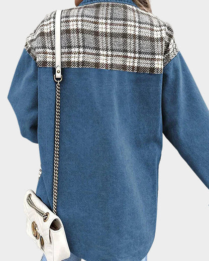 Dam Höstväst Långärmad Kontrollmönster i Denim-5