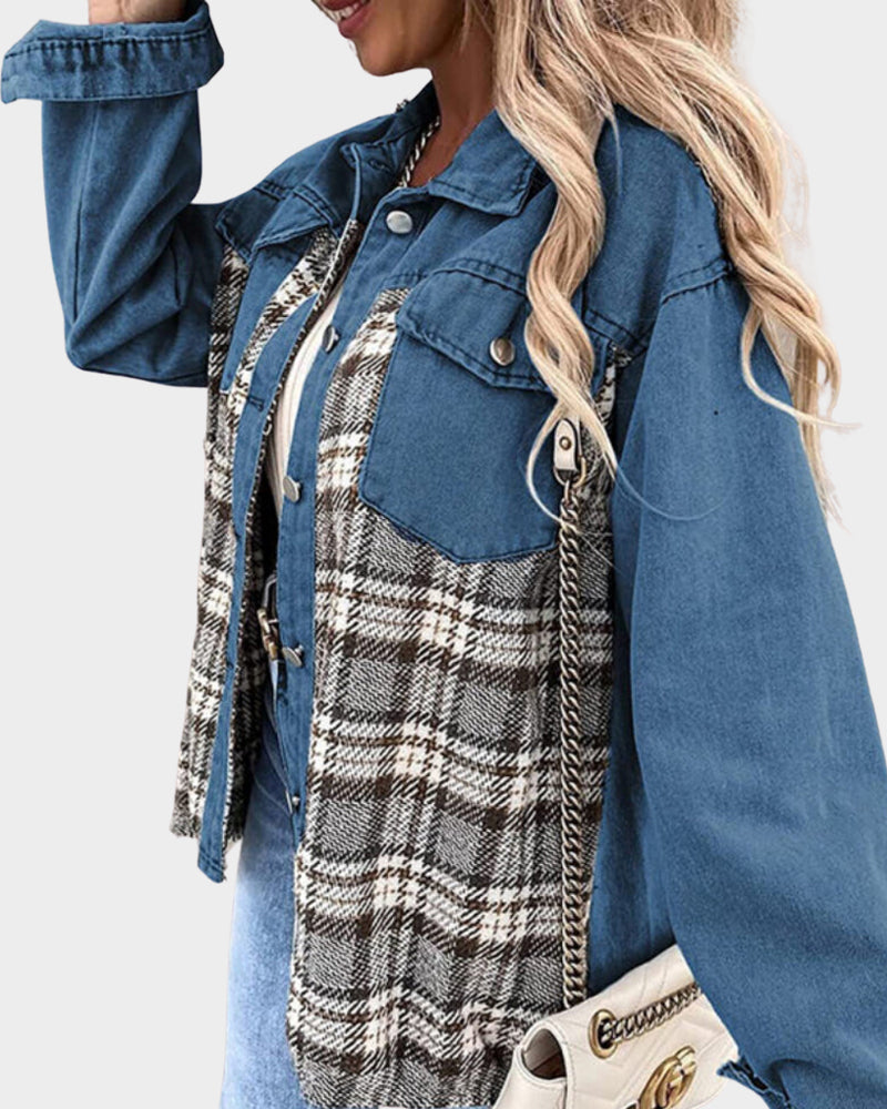 Dam Höstväst Långärmad Kontrollmönster i Denim-3