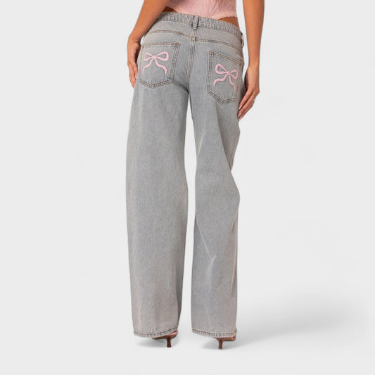 Dam Jeans Med Hög Midja Bow Tie Bekväm Denim-1