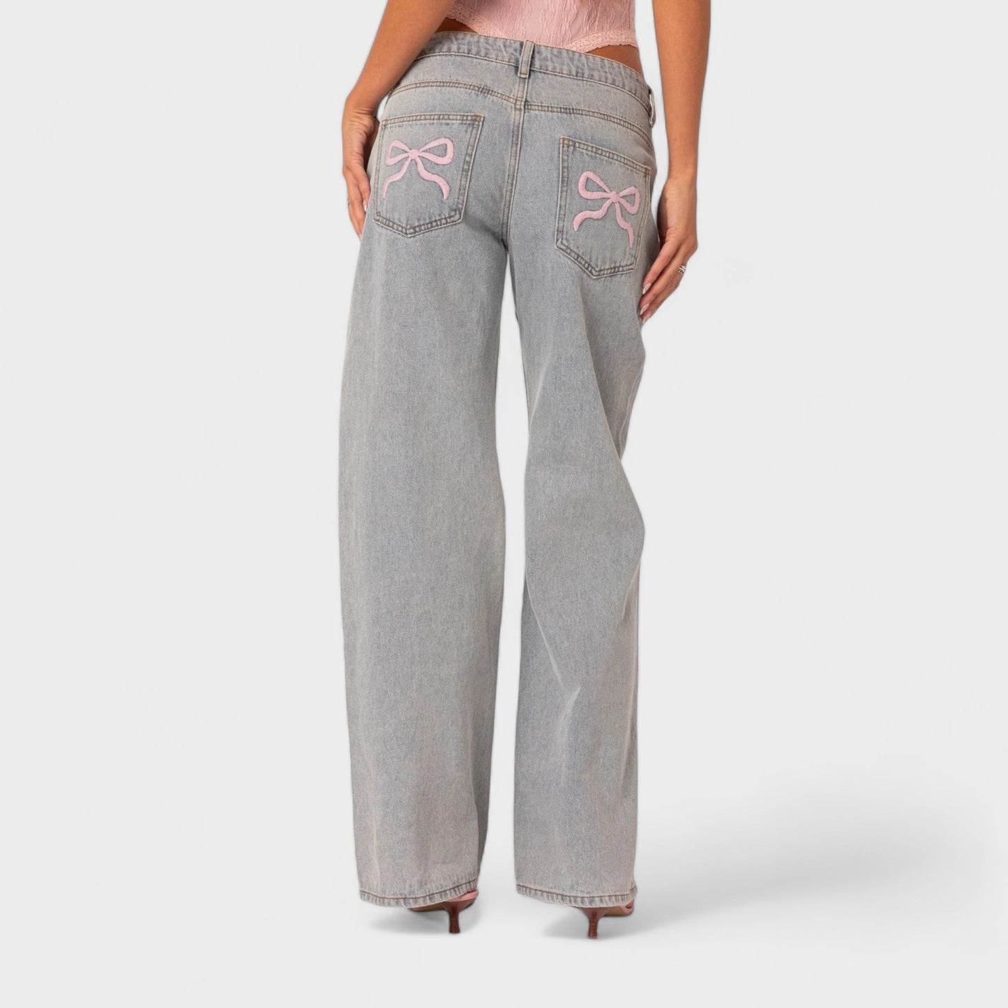Dam Jeans Med Hög Midja Bow Tie Bekväm Denim-2