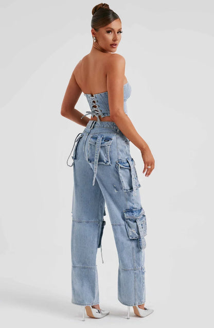 Damset Denim Korsett och Avslappnade Lastbyxor Streetwear-4