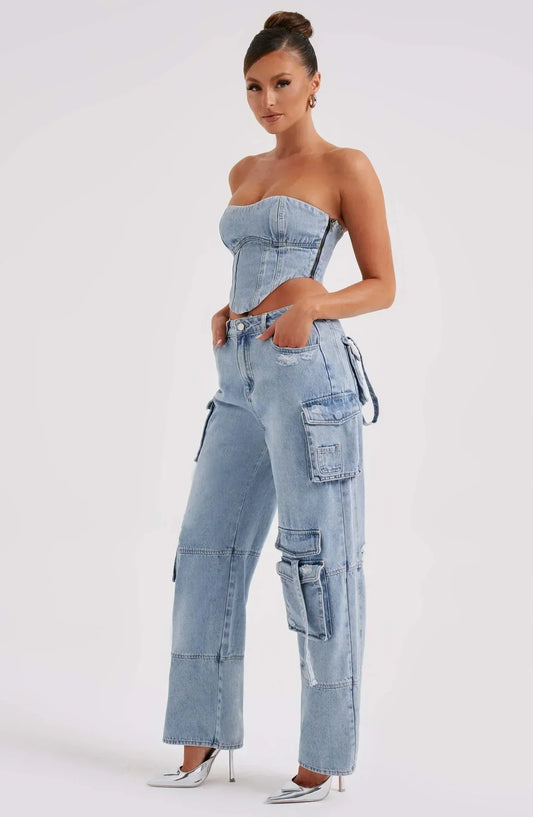 Damset Denim Korsett och Avslappnade Lastbyxor Streetwear-1